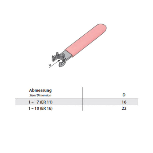 Wrenches for Mini Clamping Nuts ER-System Dimensions